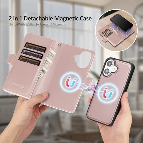 Antsturdy Compatible with Magsafe Magnetic 2 in 1 Detachable iPhone 16 Wallet Case with Credit Card Holder Slots,PU Leather Flip RFID Blocking Phone Cover Wrist Strap Zipper Women Men,Rose Gold by Antsturdy - Image 3