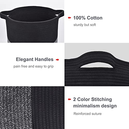 Image of Cotton Rope Blanket Basket, 72L Tall Laundry Hamper, Black & Gray | 16 inchx 22 inch, Large Collapsible Woven Nursery Hamper with Sturdy Handles for Clothes Toys Towels, Bedroom Living Room Bathroom