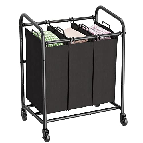 Wisdom Star 3 Bag Laundry Sorter Cart, Laundry Hamper Sorter with Heavy Duty Rolling Wheels and Removable Bags for Clothes Storage,Laundry Organizer Laundry Basket Laundry Clothes Hamper, Black