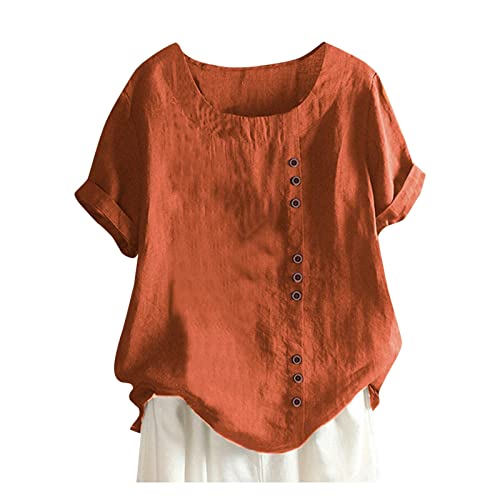 Blusa de lino para mujer, blusa elegante para mujer, manga corta, de algodón, monocolor, blusas de lino, camisas de verano, túnica con flores, camiseta básica, túnica, camiseta larga, naranja, M