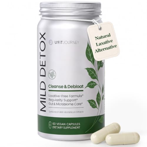 U+FITJOURNEY Mild Detox Non-Stimulant Colon Cleanse - Natural Overnight Constipation and Bloating Relief Gut Health Regularity Support for Women & Men with MgO Probiotic Fiber - 60 Vegan Capsules