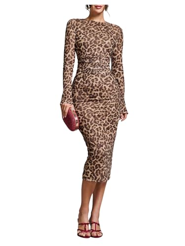 GORGLITTER Women's Mesh Long Sleeve Bodycon Midi Dress Fall Cocktail Birthday Dinner Wedding Guest Going Out Dresses Brown Leopard X-Small