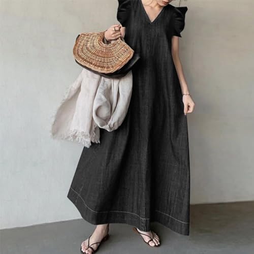 Womens Long Denim Dress Trendy Casual Ruffle Sleeveless Loose Fit V-Neck Jean Maxi Dresses for Women 20242
