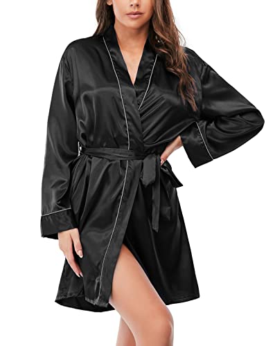 Escalier Women's Satin Robe Silk Bathrobe Short Kimono Robes Bridesmaid Wedding Party Sleepwear Black M #TOP3
