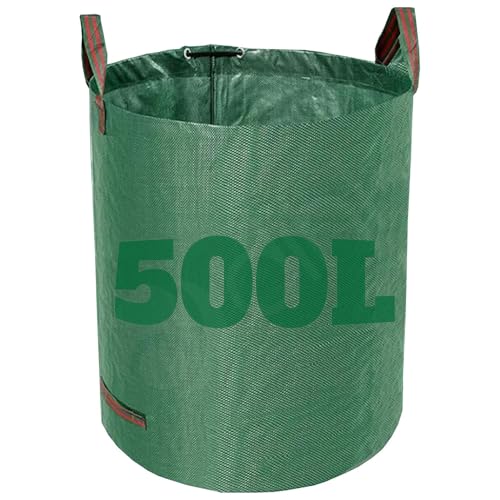 Dihl 500 Litre Heavy Duty Garden Waste Bags, Reusable Rubbish Sacks with Upper and Side Handles, 80cm x 100 cm, Green, Woven Polypropylene. For Waste, Grass, Leaves and More