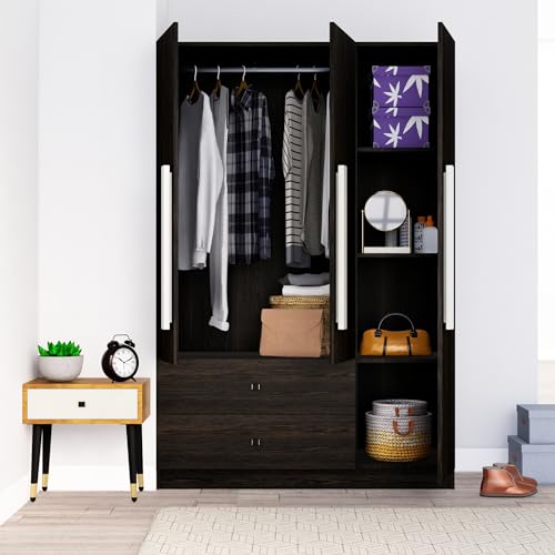 Image of Bniture Wooden Almirah for Clothes, Door for Bedroom, 3 Door Wardrobes with 2 Drawer & Hanging Space (40D x 120W x 180H CM) | 3 Year Warranty (Flower Wenge)