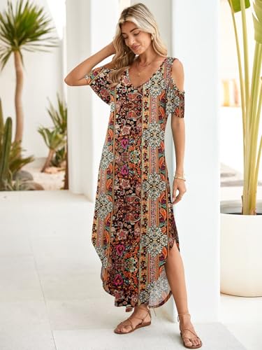 Image of BELAROI Womens Cold Shoulder Maxi Dress Plus Size V Neck Summer Sundresses with Pockets Beach Coverup Vacation Outfits
