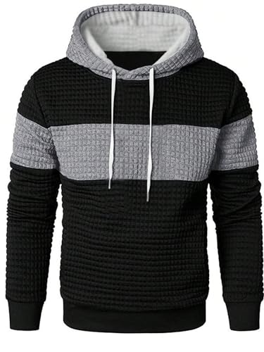 SweatyRocks Men's Hooded Sweatshirt Waffle Long Sleeve Drawstring Knit Color Block Hoodies Pullover3