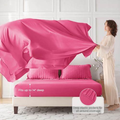 Image of MUXHOMO 7 Pieces Oversized Queen Comforter Set, Seersucker Bed in a Bag Oversized Queen Size, All Season Luxury Bedding Set with Comforter, Flat Sheet, Fitted Sheet, Pillowcases & Shams, Hot Pink