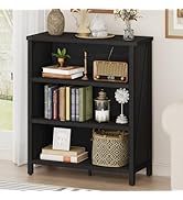 BON AUGURE Small Bookcase, 3 Tier Black Book Shelf, Farmhouse Wooden Bookshelf, Short Storage Boo...