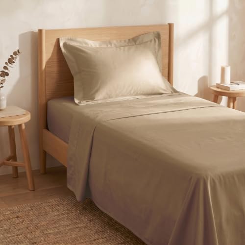 Image of HUESLAND 300 TC Soft Pure Cotton Sateen Weave Bedsheet for Single Bed with Pillow Covers - Luxury Collection | Sand Dune | 88 x 55 inches