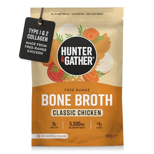 Hunter & Gather Chicken Bone Broth Powder | 11g Protein | 5.5g Type 1 & 2 Collagen | Free-Range Chicken | 49 kCal | Savoury Drink/Stock Alternative | Supports Gut Skin Hair & Nails | 20 Servings