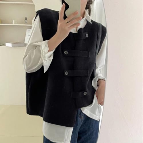 Chaleco de punto de ajuste holgado con capas de color sólido y detalles de botón, elasticidad moderada, perfecto para uso diario, vacaciones o club (talla única negra)