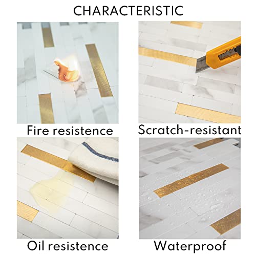 Lovdeco Peel And Stick Polished White Marble Backsplash, Self Adhesive White And Gold Strip Tile For Kitchen Backsplash Bathroom Tile (12" X 12", 5 Sheet) #TOP3