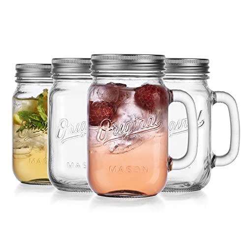 Mason Jar 16 Oz. Glass Mugs With Handle And Lid Set Of 4 - Home Essentials & Beyond - Old Fashioned Drinking Glass Bottles Original Mason Jar Pint Sized Cup Set. #TOP1
