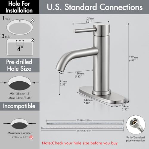 Brushed Nickel Bathroom Faucet, WINKEAR Single Hole Bathroom Faucet with Pop-up Drain and Flexible Hoses, Single Handle for Sink, Vanity, RV, Modern Farmhouse