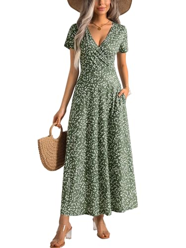 Image of HUHOT Women's Short Sleeve Wrap V Neck Dresses for Wedding Guest Summer Floral Maxi Sundresses with Pockets Boho Dress