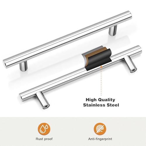 Image of Probrico 5 Pack | Chrome Kitchen Cabinet Pulls, Euro T Bar Cabinet Handles Polished Chrome Dresser Pulls Drawer Handles, 6.3 Inch Hole Centers