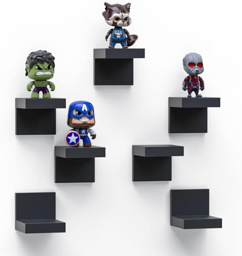 7-Pack Small Floating Shelves for Wall by RicherHouse, Plastic Black Shelf 4 Inch Display Ledges Room Decor, Mini with 2 Types of Installation (Adhesive or Screw)