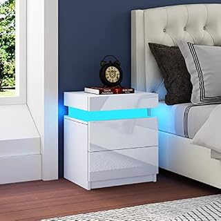 AWOOOD White Bedside Table, Modern LED Light Nightstand High Gloss Front Bedside Cabinet with 2 Drawers Flip Cover for Bedroom