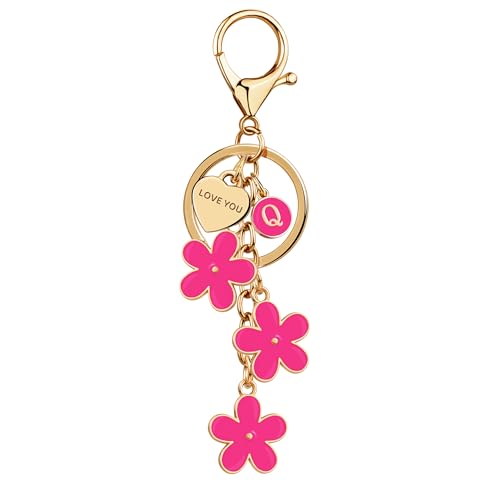 Suweibuke Initial Letter Keychain with Love You Heart, Cute Key Chain Gift for Women Girl, Charm for Keys Handbags Backpacks (Rose Red-Q)
