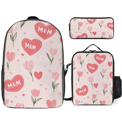 Mom Love Hearts Tulips Flowers Classic Backpack Lunch Bag Pencil Case 3 Piece Set Travel Daypack