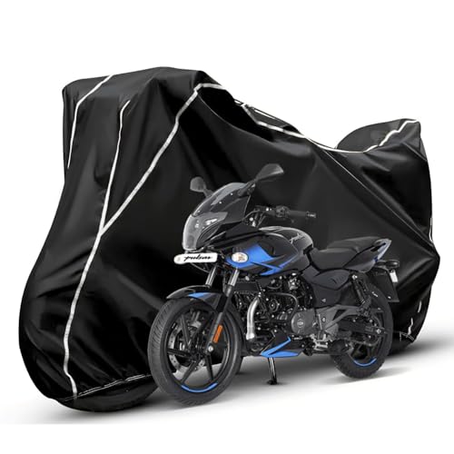 Image of Waterproof Bike Body Cover Compatible with Bajaj Pulsar 220f Dustproof Scratchproof - Motorcycle Cover for Two Wheeler, Outdoor Full Cover with UV, Duty, Rain Protection (Black & White)