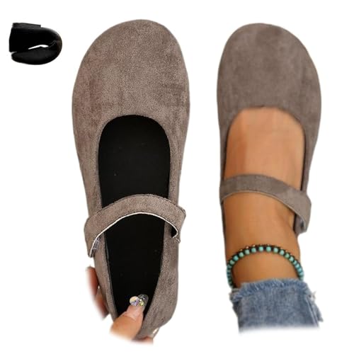 Ballerines orthopédiques Mary Jane en daim pour femme, confortables, larges, décontractées, douces, rondes, plates, légères, noires, chaussures Mary Jane, marron, 39 EU