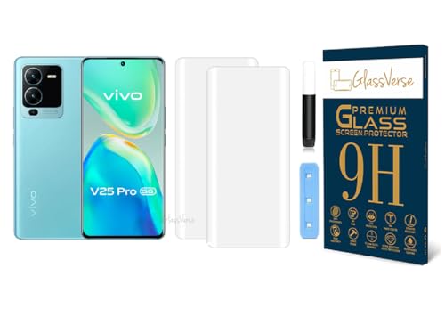 Image of GlassVerse Vivo V25 Pro UV Tempered Glass Screen Protector. Pack Of 2 | 3D Curved Edge | 9H Hardness | Full UV Glue with UV Light | Anti-Scratch | Case Friendly | HD Clear. (6.56 Inches)