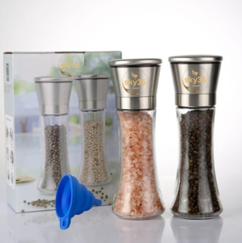 SKY35 Salt And Pepper Grinder Set - Premium Stainless Steel Sea Salt and Pepper Grinder Set of 2 - Adjustable Ceramic - Glass Salt and Pepper Shakers - Pepper Mill & Salt Mill W/Funnel