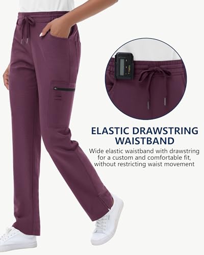 Image of MIVEI Straight Leg Scrub Pants for Women with 8 Pockets High Rise Modern Classic Fit Cargo Scrub Bottom Flare Drawstring