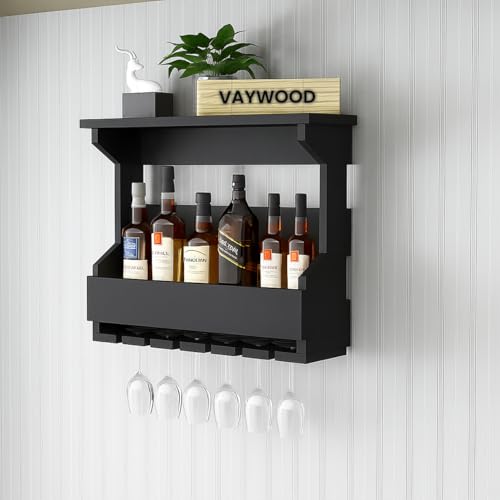 VAYWOOD Wooden Wall Hanging Design Bar | Bar Cabinets for Home | Mini Bar for Home | Wooden Make Wine Storage Cabinet with Glass Hanging Space in Black