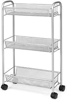 TANGZON 3-Tier Rolling Trolley Cart, Utility Storage Shelving Trolley with Mesh Basket and Lockable Wheels, Shelves Organizer Metal Cart for Kitchen, Bedroom and Bathroom (Silver)