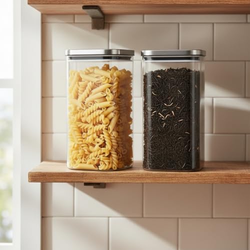 Image of ginoya brothers Airtight Borosilicate Glass Square Jar With Wooden Or Steel Lid Multi-Size, Container for Spices, Coffee, Grains, Snacks & Kitchen Organization (2, STEEL LID, 790 ML)