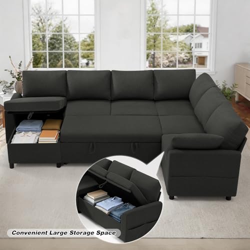 Image of 112 inch Fabric Sectional Sofa w /Pull Out Bed &Storage Chaise,Dark Grey