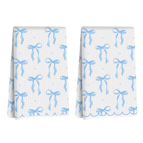 Image of Hanamiya Na 2 Pcs Coquette Bow Hand Towels 24x14 Inch, Cute Preppy Decorative Bath Dish Towel Waffle Weave Hand Cloth Tea Towel for Home Kitchen Bathroom Decor (Blue)