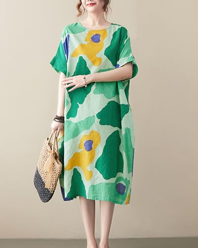 Image of LUZU JUNU Women's Summer Baggy Plus Size Loose Cotton Linen Long Boho Beach Dress with Pockets