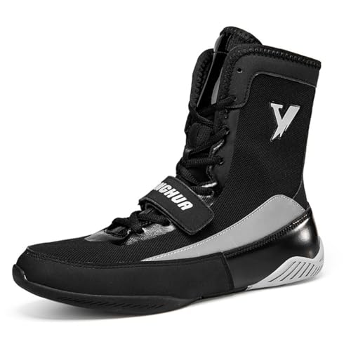 Stivali da Boxe per Uomo, Supporto Traspirante per Caviglia Wrestling Scarpe da Fitness Calzature da Allenamento da Combattimento con Lacci,Nero,44 EU