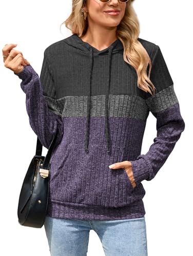 Famulily Women's Hooded Pullover with Kangaroo Pocket Casual Loose Fit Jumpers Drawstring Long Sleeve Tops Purple XL