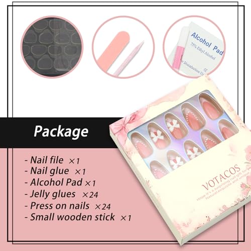 VOTACOS White French Tip Press on Nails Almond Shape Medium Acrylic Fake Nails Press Ons with Glue Nude Glue on nail with 3D Bow Pearls Design 24PCS Cute Stick on False Nail for Women — view 6