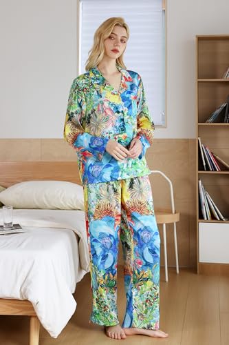 Image of YiNi LuLu Womens Silk Satin Pajamas Set Button Down 2 Piece Pjs Long Sleeve Oversized Sleepwear with Pockets