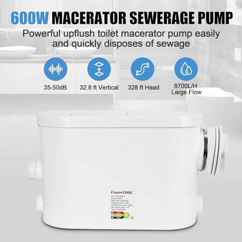 Image of Sink Sewerage Pump 600W Macerating Wall-hung Toilet Pump Upflush to 32.8ft /10 m Waste Water Pump 8700 L /h, Macerator Sewerage Sump Pump With 3 Water Inlets for Bathtub, Laundry and Sink