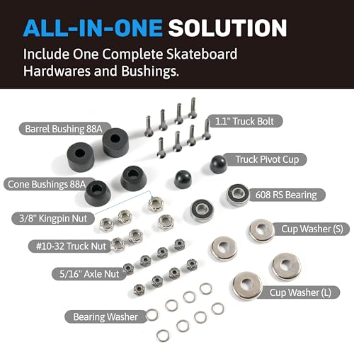 ELOS Skateboard Hardware Kit – DIY Skateboard Accessories with Skateboard Truck Mounting Hardware, 608 Bearing, Skateboard Bushings, Truck Nuts, Skateboard Parts 42 Pieces.