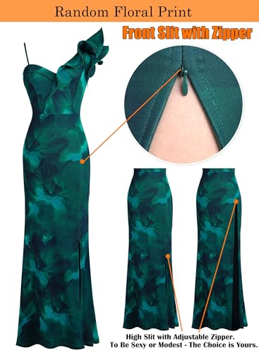Image of VFSHOW Womens Ruffle One Shoulder Strap Ruched Formal Prom Wedding Maxi Dress V Neck Elegant Split Cocktail Evening Long Gown