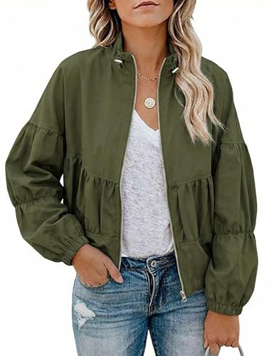 Watashi Women Bomber Jacket Lightweight Spring Lapel Pilot Coat Long Sleeve Streetwear Outerwear Varsity Jackets Shacket (Green-M)