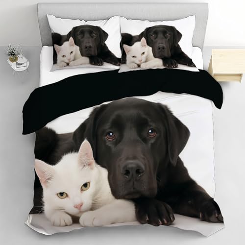 Ropa De Cama Animales Lindos De 220X240Cm - Transpirable con Cremallera, Perro Gato 3 Piezas, Funda Nórdica De 2 Fundas De Almohada De 50 X 75 Cm