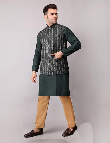 Image of Men's Cotton Silk Blend Regular Kurta Pyjama, Embroidered Nehru Jacket /Waistcoat Set