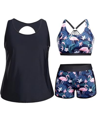 Image of Holipick Women Plus Size Swimsuits - Athletic 3 Piece Tankini with Shorts | Sports bikini top, high waist shorts, tank top, removable pads. Athletic style for water activties