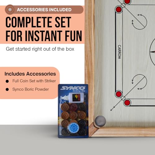 Image of Synco 27 inch Inch Mango Carrom Board for Kids 8-12 Years Old | Mango Sheesham Wood Frame | 7mm Pinewood Playing Surface | Includes Striker, Coins and Boric Powder | Premium Board for Practice