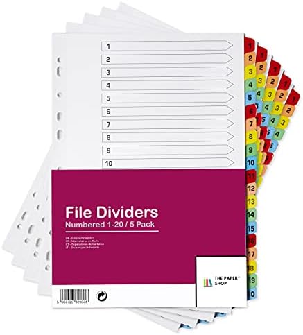 [5 Pack] A4 File Dividers 20 Part Numbered 1-20 | A4 Subject Dividers 20 Part Numbered 1-20 with Multipunched Reinforced Colour Tabs 150gsm
